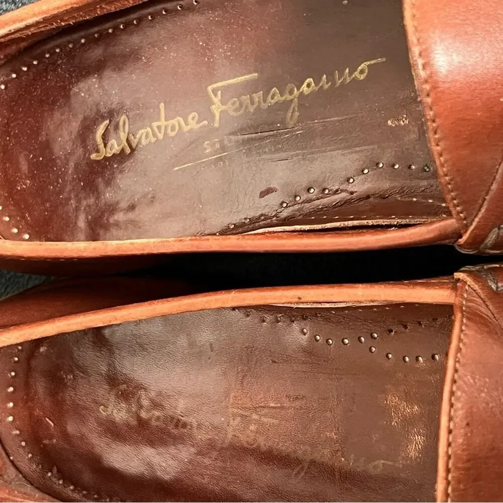 Salvatore Ferragamo Silver Gold Gancini Bit loafers 8.5 D Soft Brown Leather